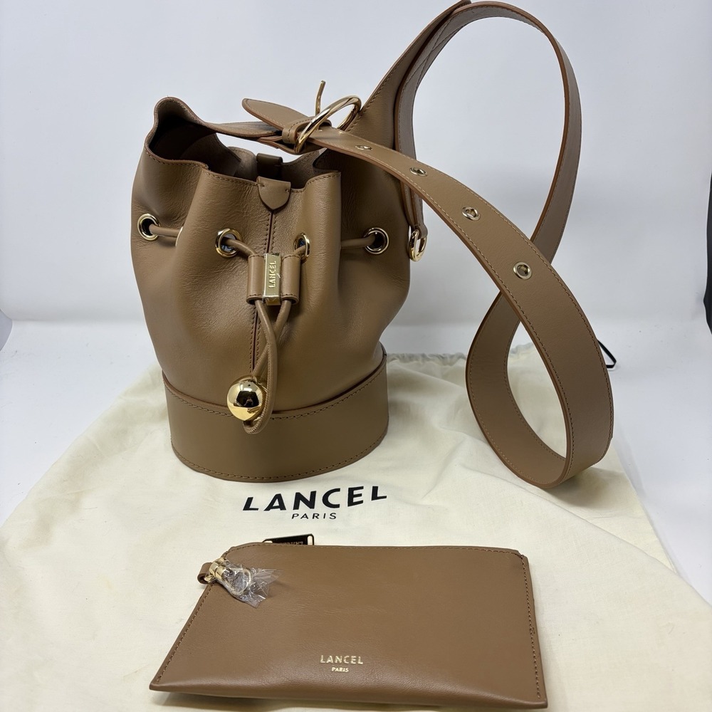 Lancel Cheri Bucket Bag Camel Leather Drawstring‎ Shoulder Bag Italy NWOT Pouch